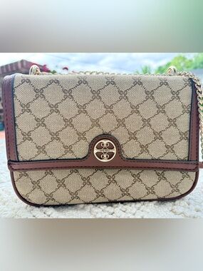 Nine West Kyelle Tan and Brown Signature Monogram convertible Crossbody bag